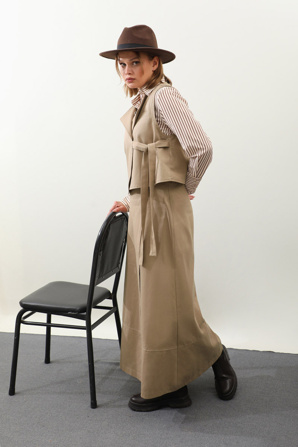 Yandan Bağlamalı Yelek Etek Takım Camel - 9