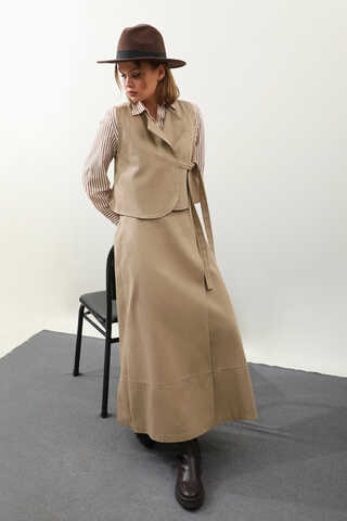 Yandan Bağlamalı Yelek Etek Takım Camel - 1