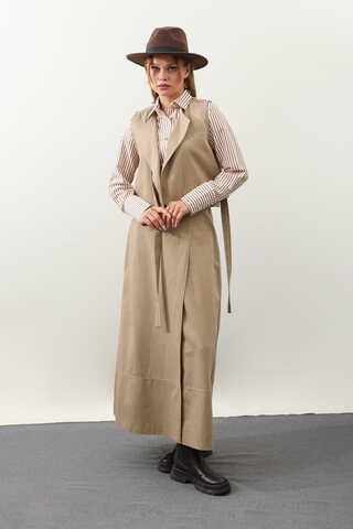 Yandan Bağlamalı Yelek Etek Takım Camel - 13