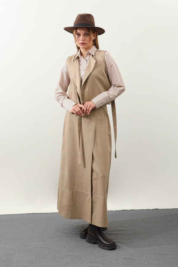 Yandan Bağlamalı Yelek Etek Takım Camel - 13