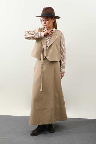 Yandan Bağlamalı Yelek Etek Takım Camel - 14