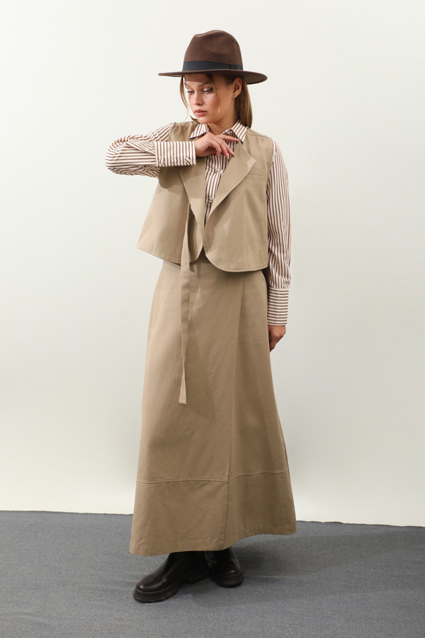 Yandan Bağlamalı Yelek Etek Takım Camel - 14