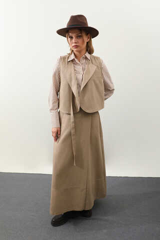 Yandan Bağlamalı Yelek Etek Takım Camel - 15