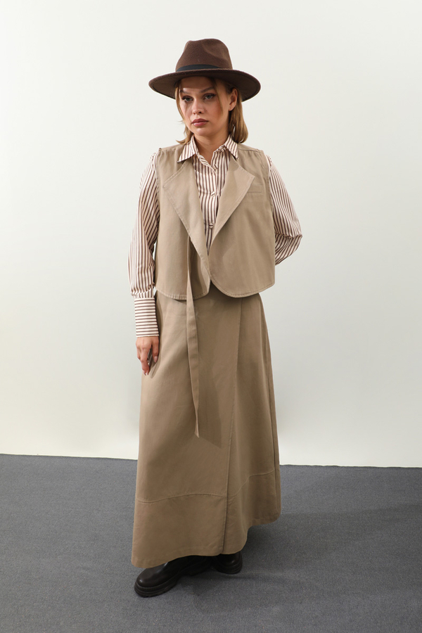 Yandan Bağlamalı Yelek Etek Takım Camel - 15