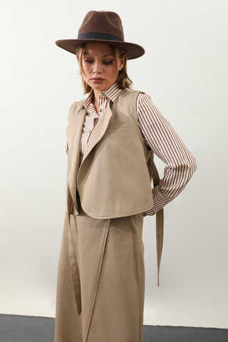 Yandan Bağlamalı Yelek Etek Takım Camel - 16