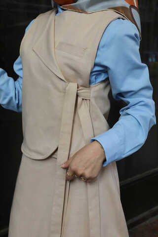 Yandan Bağlamalı Yelek Etek Takım Krem - 2