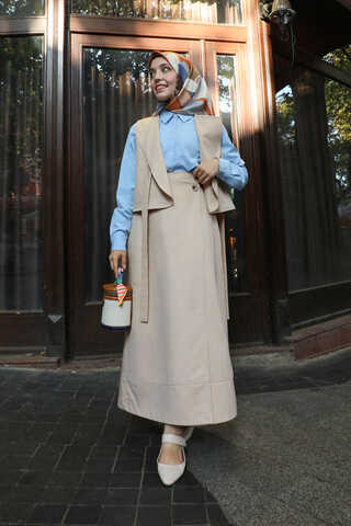 Yandan Bağlamalı Yelek Etek Takım Krem - 3