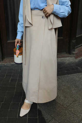 Yandan Bağlamalı Yelek Etek Takım Krem - 5