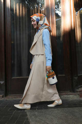 Yandan Bağlamalı Yelek Etek Takım Krem - 9