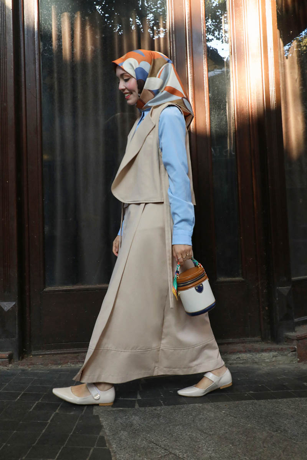 Yandan Bağlamalı Yelek Etek Takım Krem - 9