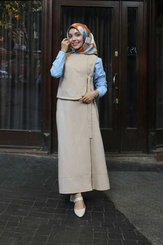 Yandan Bağlamalı Yelek Etek Takım Krem - 10