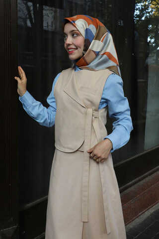 Yandan Bağlamalı Yelek Etek Takım Krem - 7