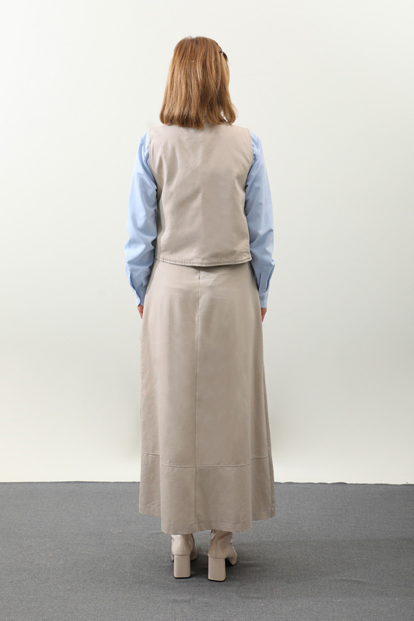 Yandan Bağlamalı Yelek Etek Takım Krem - 11