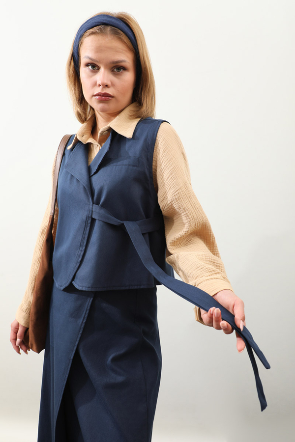 Yandan Bağlamalı Yelek Etek Takım Lacivert - 2