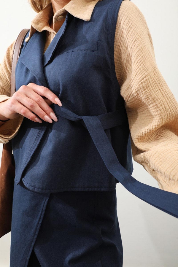 Yandan Bağlamalı Yelek Etek Takım Lacivert - 3