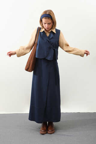 Yandan Bağlamalı Yelek Etek Takım Lacivert - 4