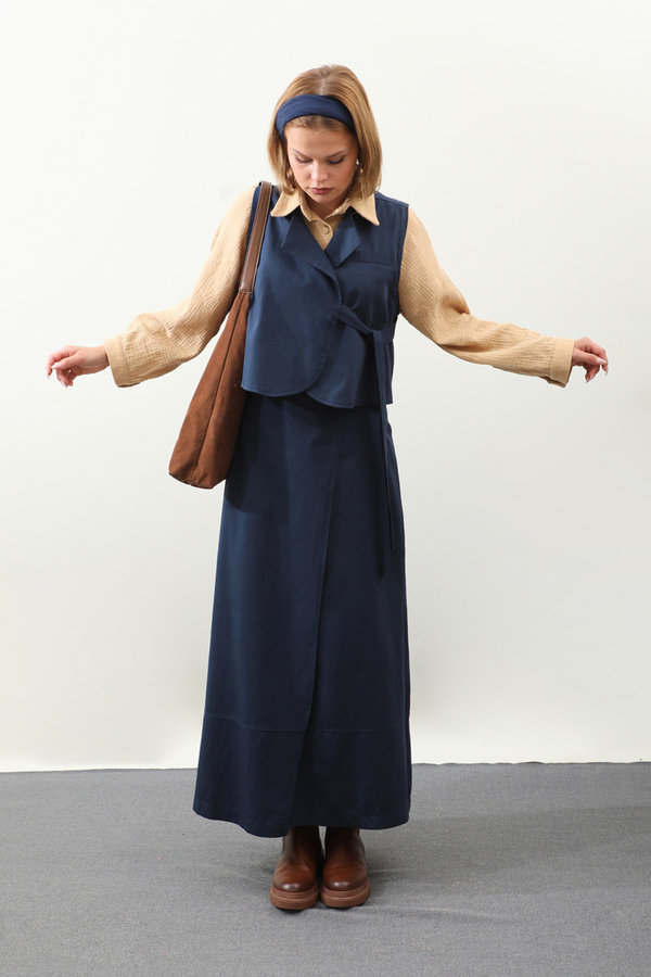 Yandan Bağlamalı Yelek Etek Takım Lacivert - 4