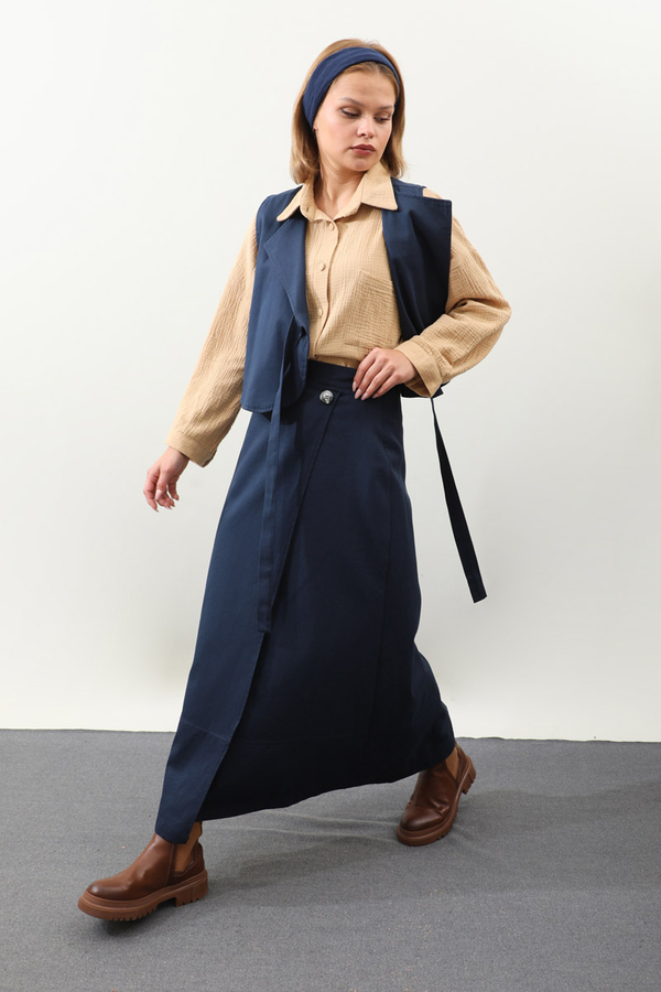 Yandan Bağlamalı Yelek Etek Takım Lacivert - 7