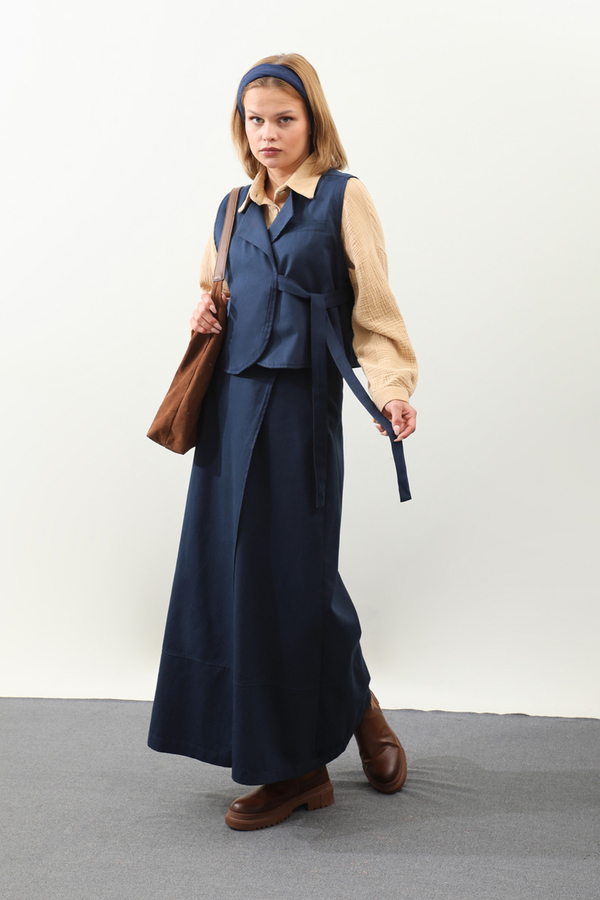 Yandan Bağlamalı Yelek Etek Takım Lacivert - 8