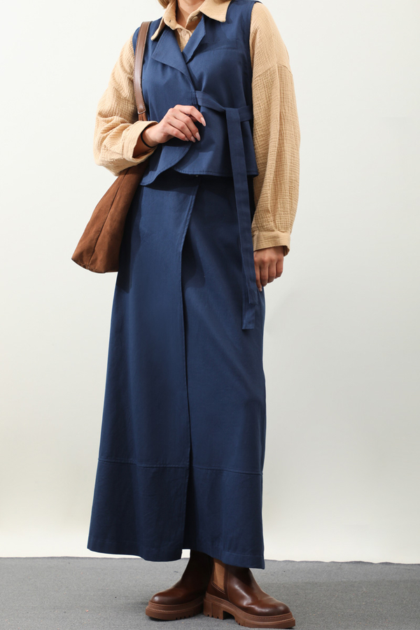 Yandan Bağlamalı Yelek Etek Takım Lacivert - 9