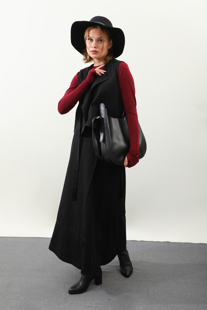 Yandan Bağlamalı Yelek Etek Takım Siyah