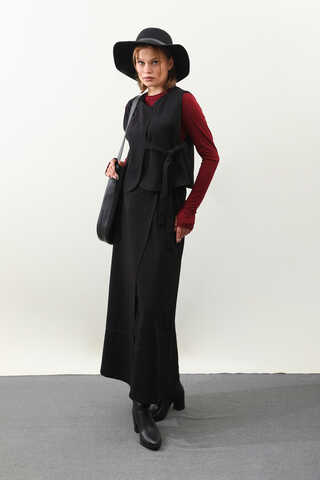 Yandan Bağlamalı Yelek Etek Takım Siyah - 4