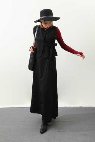 Yandan Bağlamalı Yelek Etek Takım Siyah - 5