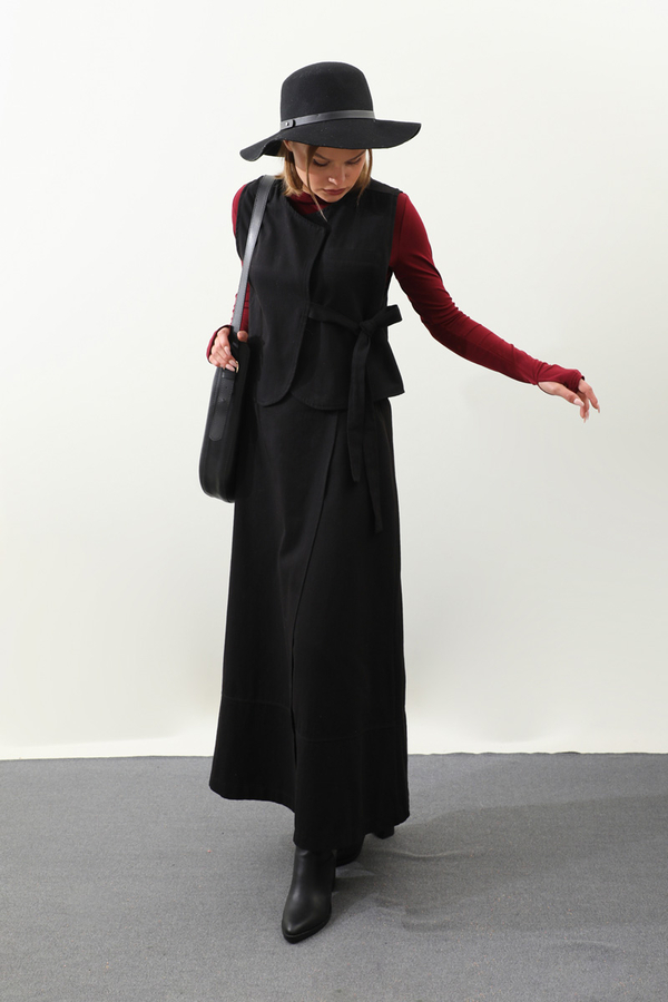 Yandan Bağlamalı Yelek Etek Takım Siyah - 5