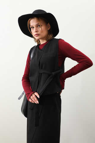 Yandan Bağlamalı Yelek Etek Takım Siyah - 6