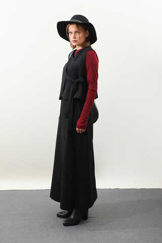 Yandan Bağlamalı Yelek Etek Takım Siyah - 8