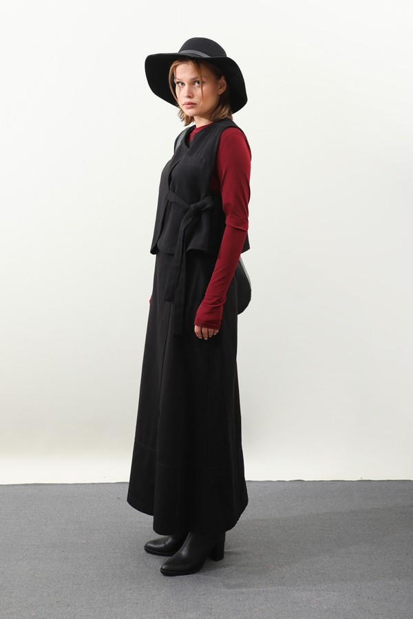 Yandan Bağlamalı Yelek Etek Takım Siyah - 8