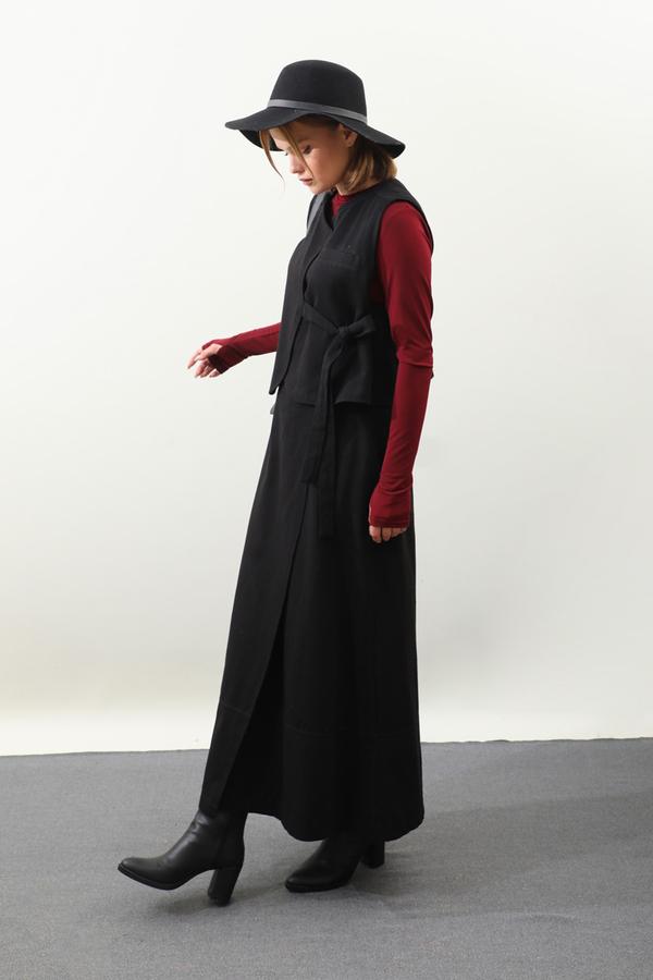 Yandan Bağlamalı Yelek Etek Takım Siyah - 9