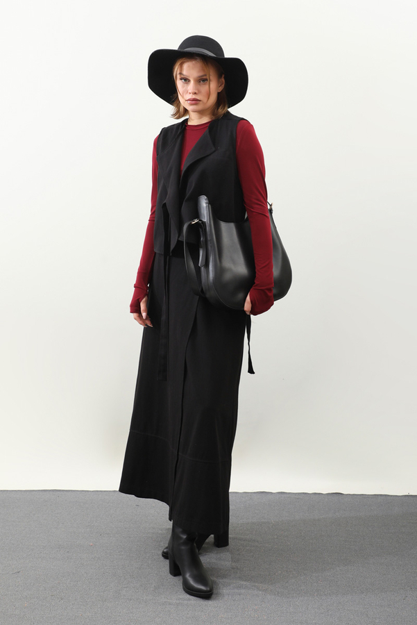 Yandan Bağlamalı Yelek Etek Takım Siyah - 10