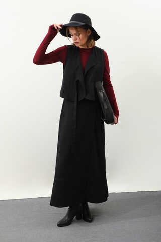 Yandan Bağlamalı Yelek Etek Takım Siyah - 11