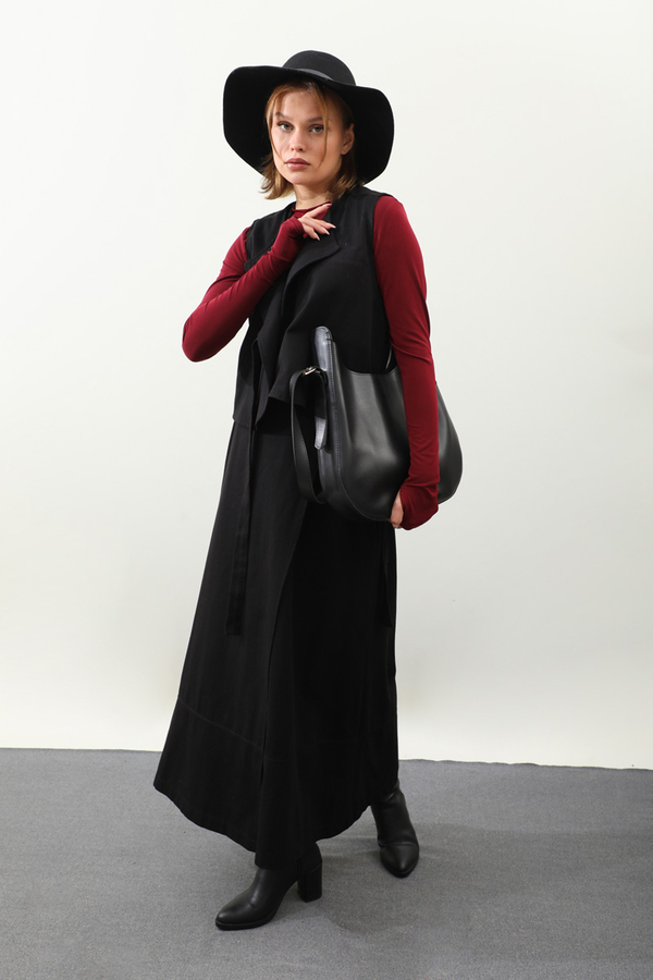 Yandan Bağlamalı Yelek Etek Takım Siyah - 1