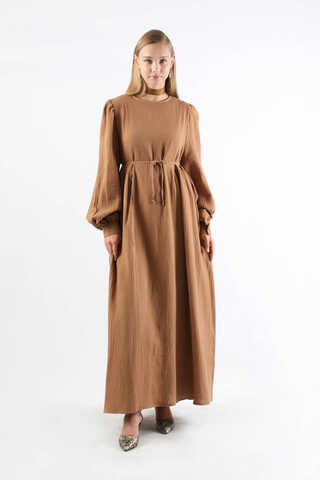 Yandan Büzgülü Elbise Camel - 3
