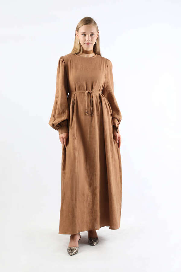 Yandan Büzgülü Elbise Camel - 3