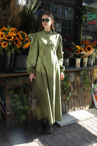 Yandan Kemerli Elbise Koyu Yeşil - 5