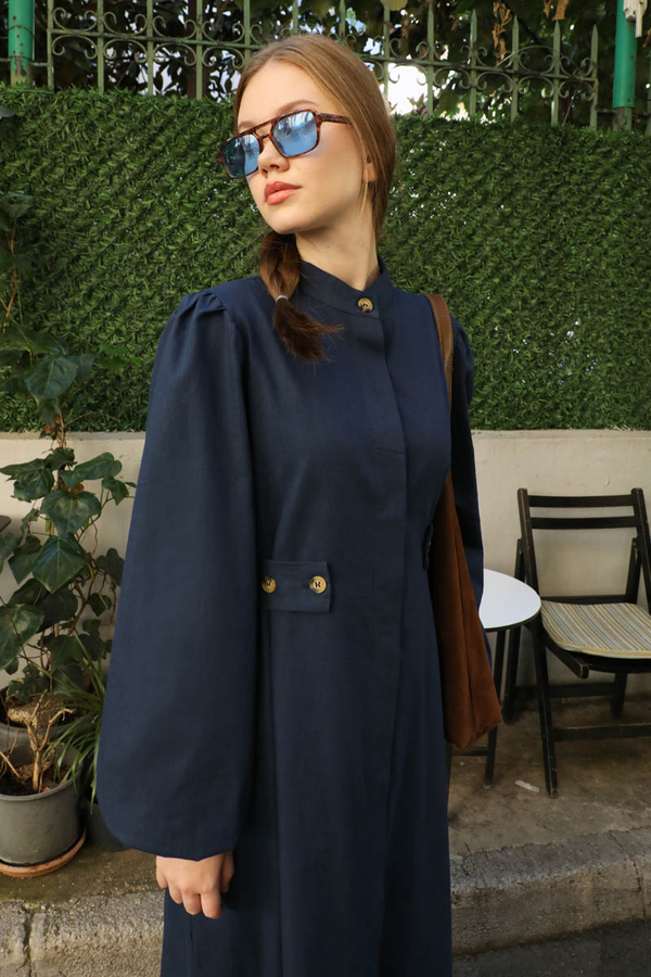 Yandan Kemerli Elbise Lacivert - 1