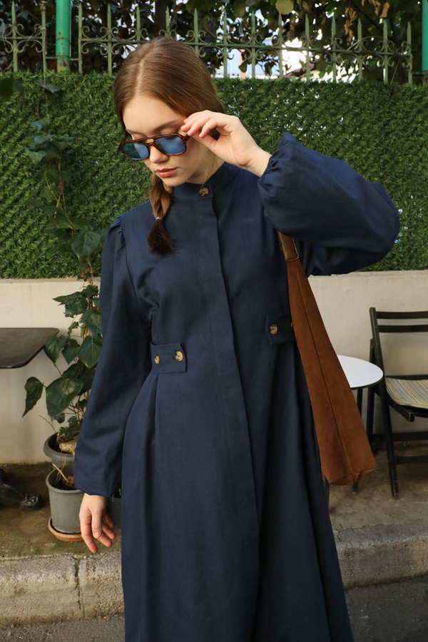 Yandan Kemerli Elbise Lacivert - 7