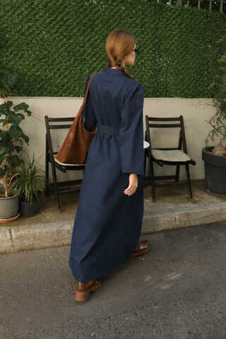 Yandan Kemerli Elbise Lacivert - 8