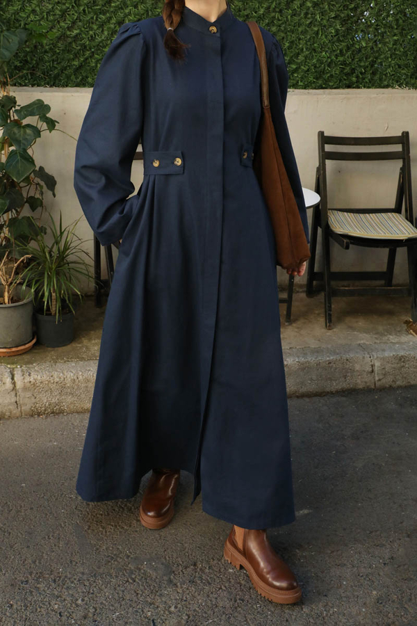 Yandan Kemerli Elbise Lacivert - 5