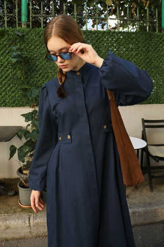 Yandan Kemerli Elbise Lacivert - 7