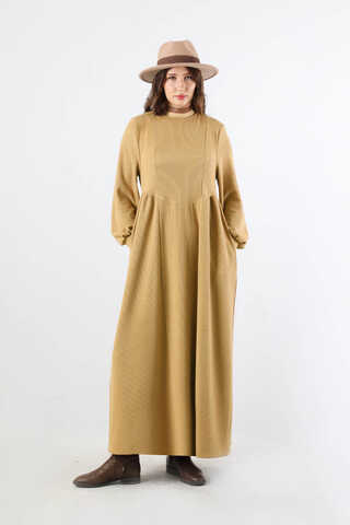 Yandan Pileli Elbise Camel - 1