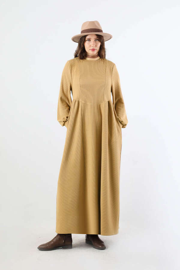 Yandan Pileli Elbise Camel - 1