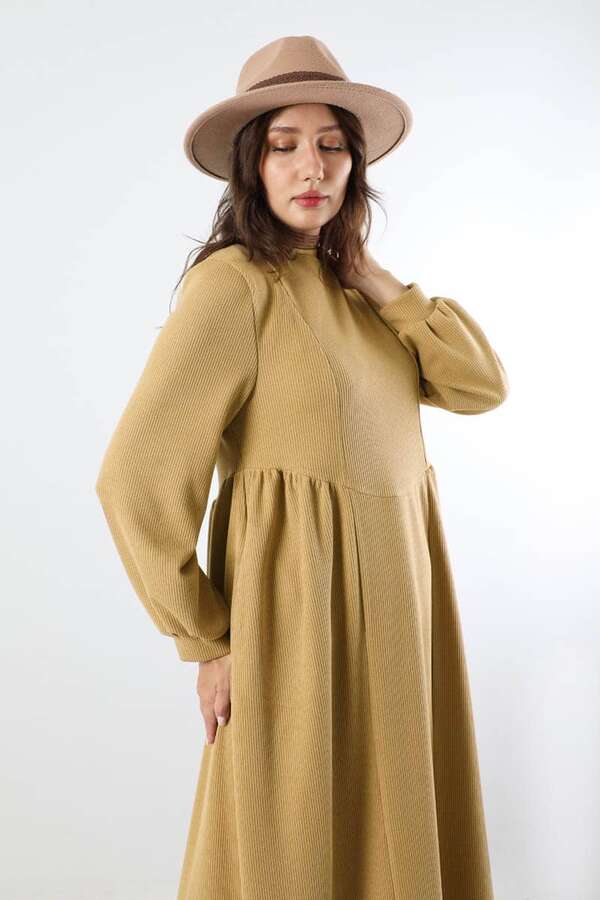 Yandan Pileli Elbise Camel - 2