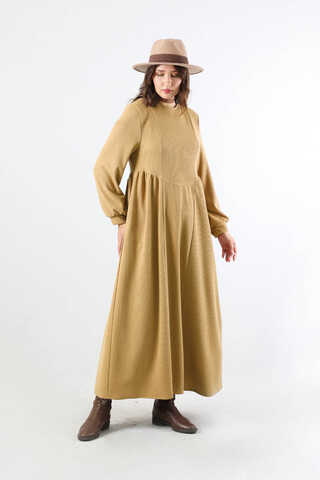 Yandan Pileli Elbise Camel - 3