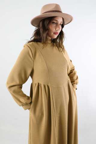Yandan Pileli Elbise Camel - 4