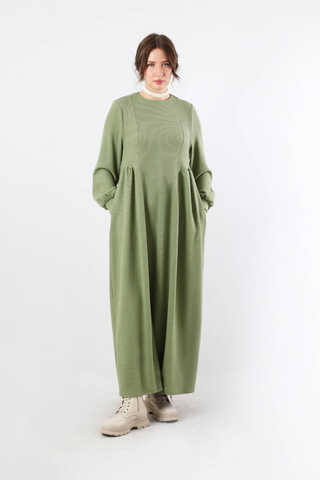 Yandan Pileli Elbise Haki - 1