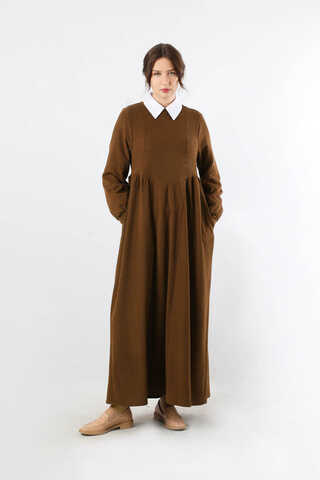 Yandan Pileli Elbise Kahverengi - 1